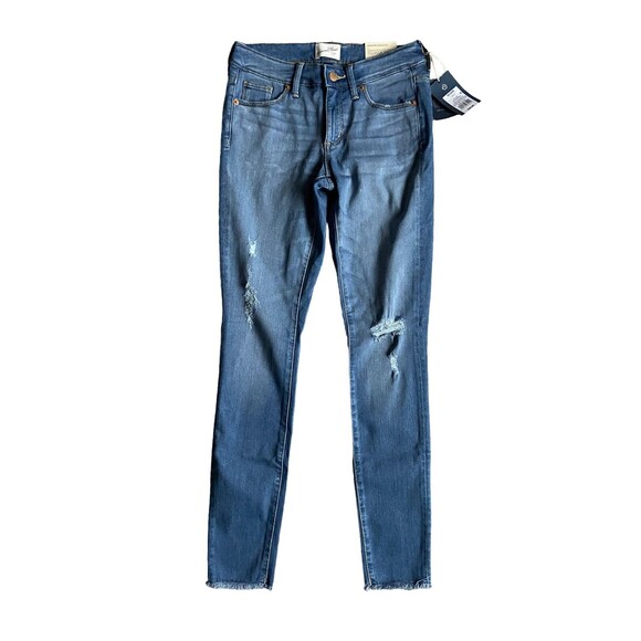 Universal Thread Denim - Womens Mid Rise Skinny Jeans Size 00 Blue‎ Distressed Raw Hem Sculpting Stretch